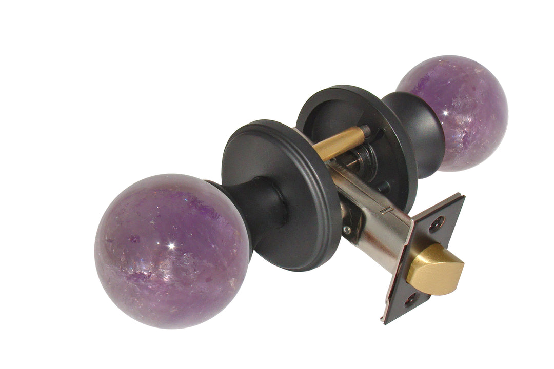 Gemstone Hardware Door Knob Amethyst Matte Black Privacy 2-3-8" backset - cabinetknobsonline