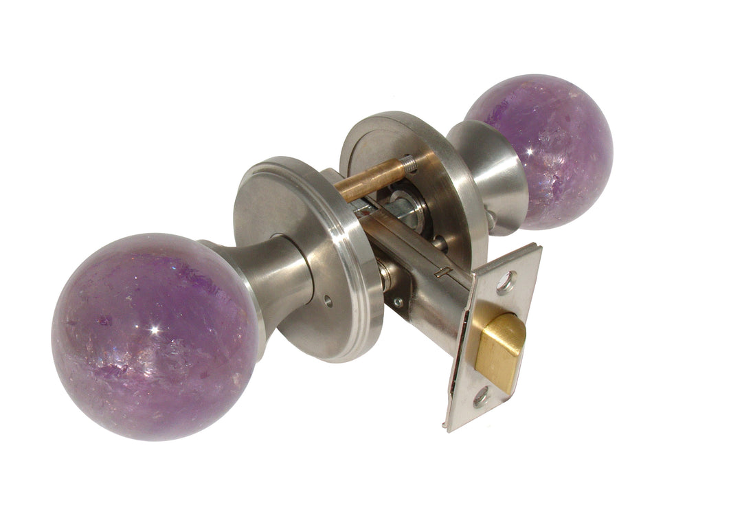 Gemstone Hardware Door Knob Amethyst Satin Stainless Steel Privacy 2-3-8" backset - cabinetknobsonline