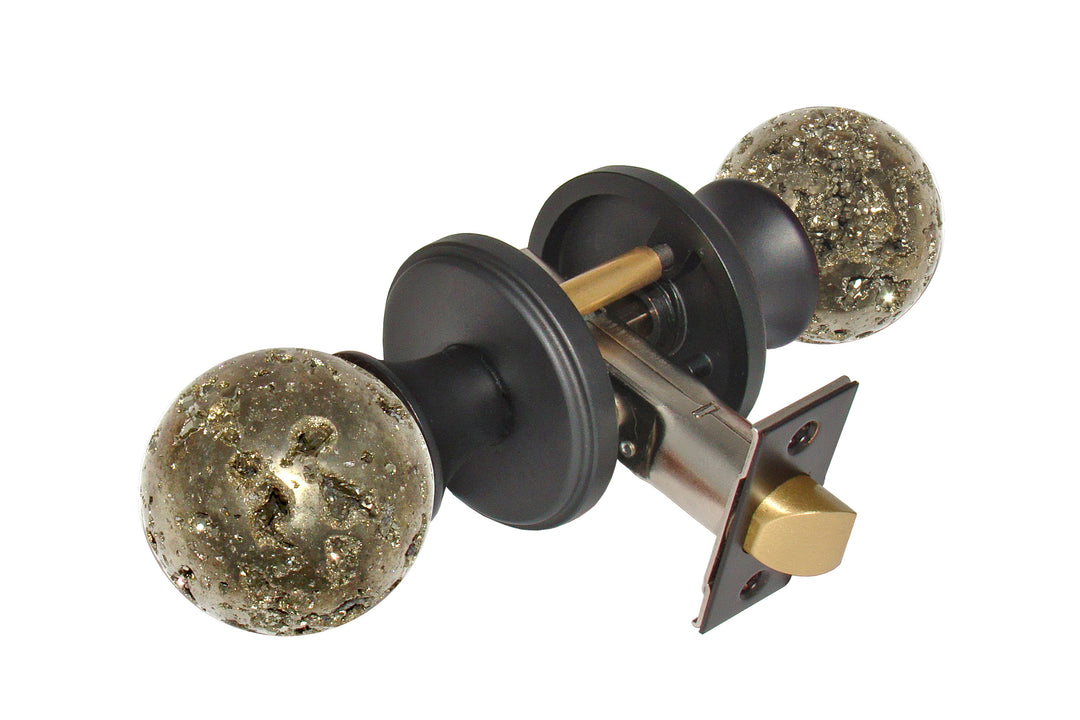 Gemstone Hardware Door Knob Pyrite Matte Black Privacy 2-3-8" backset - cabinetknobsonline