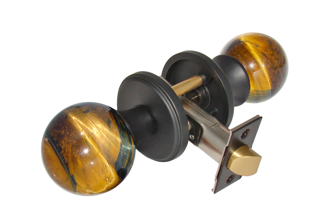 Gemstone Hardware Door Knob Tiger Eye Matte Black Privacy  2-3-8" backset - cabinetknobsonline