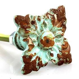 Charleston Knob Company VINTAGE WHITEWASHED IN VERDIGRIS DISTRESSED SQUARE FLORETTE CABINET KNOB - cabinetknobsonline