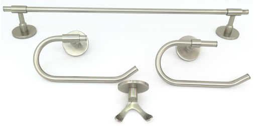 Deco & Deco Decorative Four Piece Bathroom Accesory Set Solid Brass Round Base Brushed Nickel - cabinetknobsonline