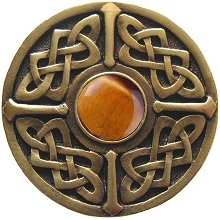 Notting Hill Cabinet Knob Celtic Jewel-Tiger Eye Antique Brass 1-3-8" diameter - cabinetknobsonline