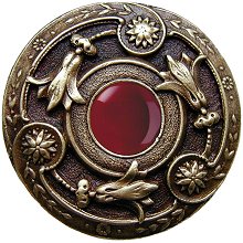 Notting Hill Cabinet Knob Jeweled Lily-Red Carnelian Antique Brass 1-1-4" diameter - cabinetknobsonline