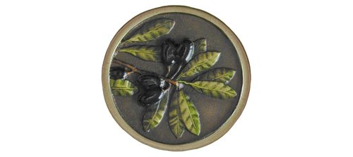 Notting Hill Cabinet Knob Olive Branch Brass Hand Tinted 1-5-16" diameter - cabinetknobsonline