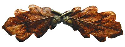 Notting Hill Cabinet Pull Oak Leaf Brass Hand Tinted 4" x 1-1-4" - cabinetknobsonline