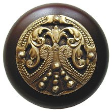Notting Hill Cabinet Knob Regal Crest-Dark Walnut Antique Brass 1-1-2" diameter - cabinetknobsonline