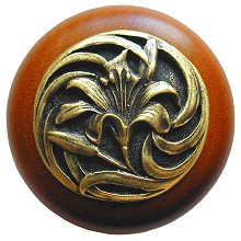 Notting Hill Cabinet Knob Tiger Lily-Cherry Antique Brass 1-1-2" diameter - cabinetknobsonline