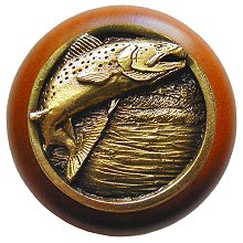 Notting Hill Cabinet Knob Leaping Trout-Cherry Antique Brass 1-1-2" diameter - cabinetknobsonline