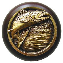 Notting Hill Cabinet Knob Leaping Trout-Dark Walnut Antique Brass 1-1-2" diameter - cabinetknobsonline