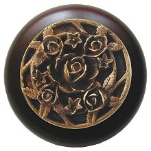 Notting Hill Cabinet Knob Saratoga Rose-Dark Walnut Antique Brass 1-1-2" diameter - cabinetknobsonline