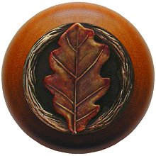 Notting Hill Cabinet Knob Oak Leaf-Cherry Brass Hand Tinted  1-1-2" diameter - cabinetknobsonline
