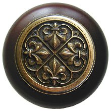 Notting Hill Cabinet Knob Fleur-de-Lis-Dark Walnut Antique Brass 1-1-2" diameter - cabinetknobsonline