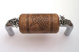 Vine Designs Brushed Chrome Cabinet Handle, expresso cork, silver grapes accents - cabinetknobsonline