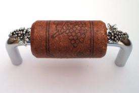 Vine Designs Chrome Cabinet Handle, mahogany cork, silver grapes accents - cabinetknobsonline
