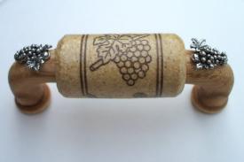 Vine Designs Oak Cabinet Handle, natural cork, silver grapes accents - cabinetknobsonline