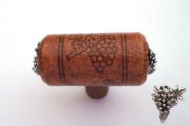 Vine Designs Mahogany Stem Cabinet knob, matching cork, silver grapes accents - cabinetknobsonline