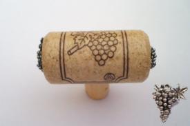 Vine Designs Natural Stem Cabinet knob, matching cork, silver grapes accents - cabinetknobsonline