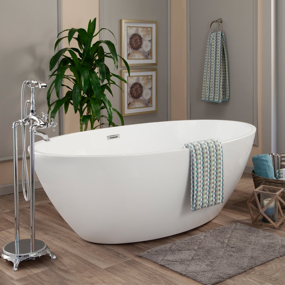 Elbow 67" x 32" Flatbottom Freestanding Acrylic Soaking Bathtub in Glossy White with Drain and Overflow