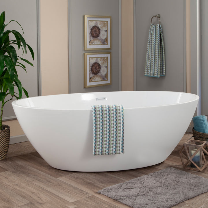 Elbow 67" x 32" Flatbottom Freestanding Acrylic Soaking Bathtub in Glossy White with Drain and Overflow