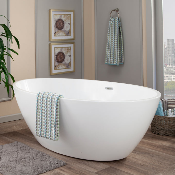 Elbow 67" x 32" Flatbottom Freestanding Acrylic Soaking Bathtub in Glossy White with Drain and Overflow