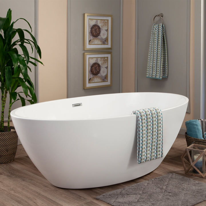 Elbow 67" x 32" Flatbottom Freestanding Acrylic Soaking Bathtub in Glossy White with Drain and Overflow
