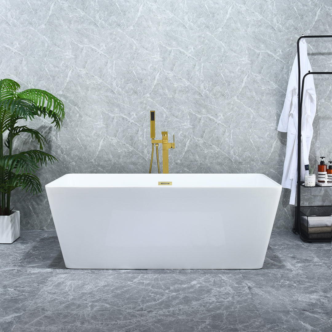 Terrak 59" x 28" Flatbottom Freestanding Acrylic Soaking Bathtub in Glossy White with Drain and Overflow