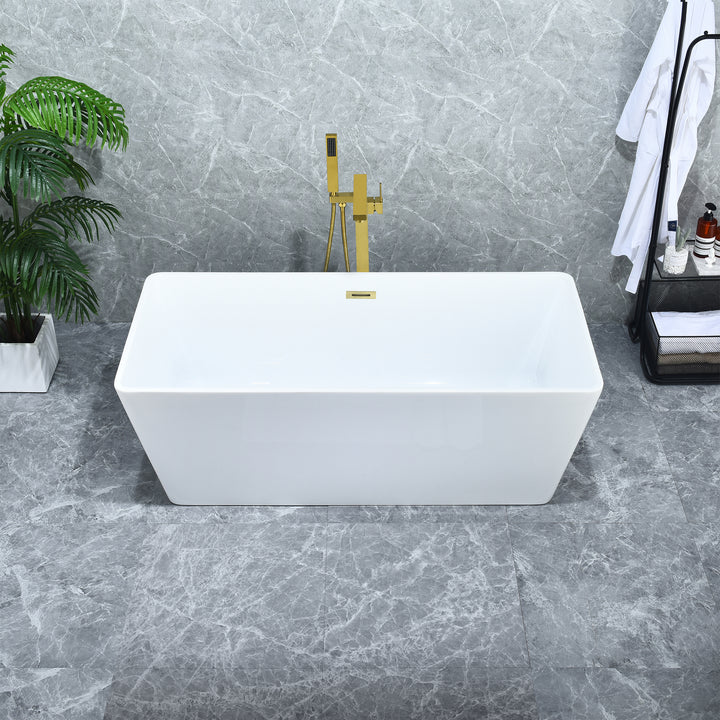Terrak 59" x 28" Flatbottom Freestanding Acrylic Soaking Bathtub in Glossy White with Drain and Overflow