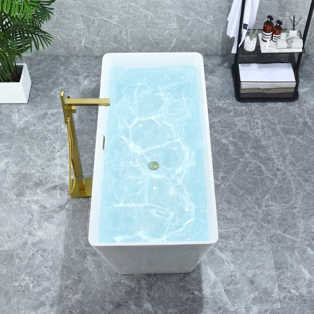 Terrak 59" x 28" Flatbottom Freestanding Acrylic Soaking Bathtub in Glossy White with Drain and Overflow
