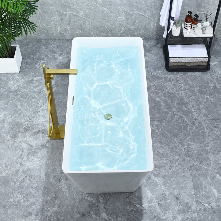 Terrak 59" x 28" Flatbottom Freestanding Acrylic Soaking Bathtub in Glossy White with Drain and Overflow