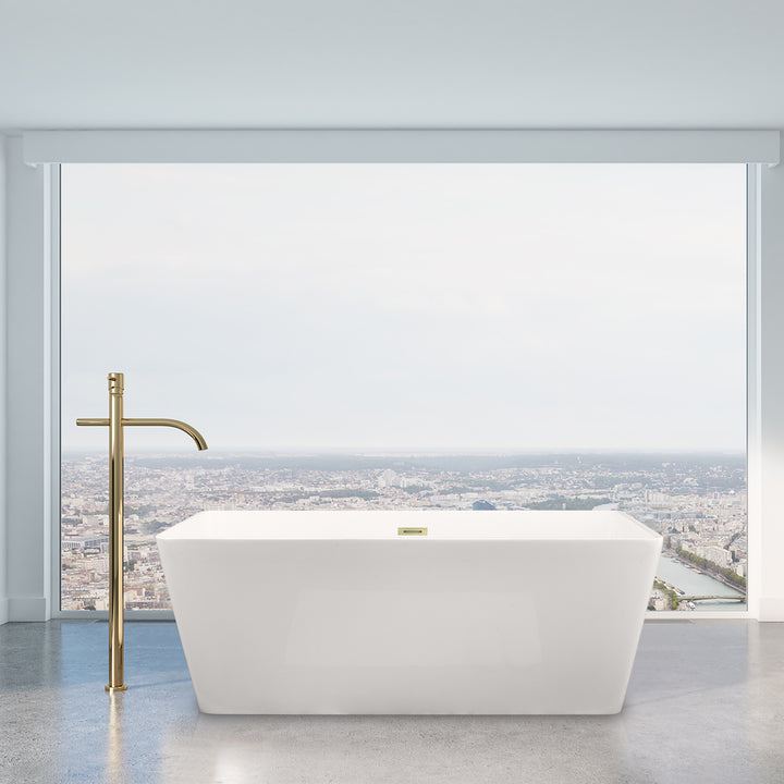 Terrak 59" x 28" Flatbottom Freestanding Acrylic Soaking Bathtub in Glossy White with Drain and Overflow