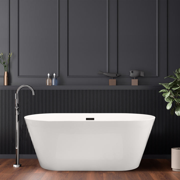 Kaprun 59" x 30" Flatbottom Freestanding Acrylic Soaking Bathtub in Glossy White with Drain and Overflow