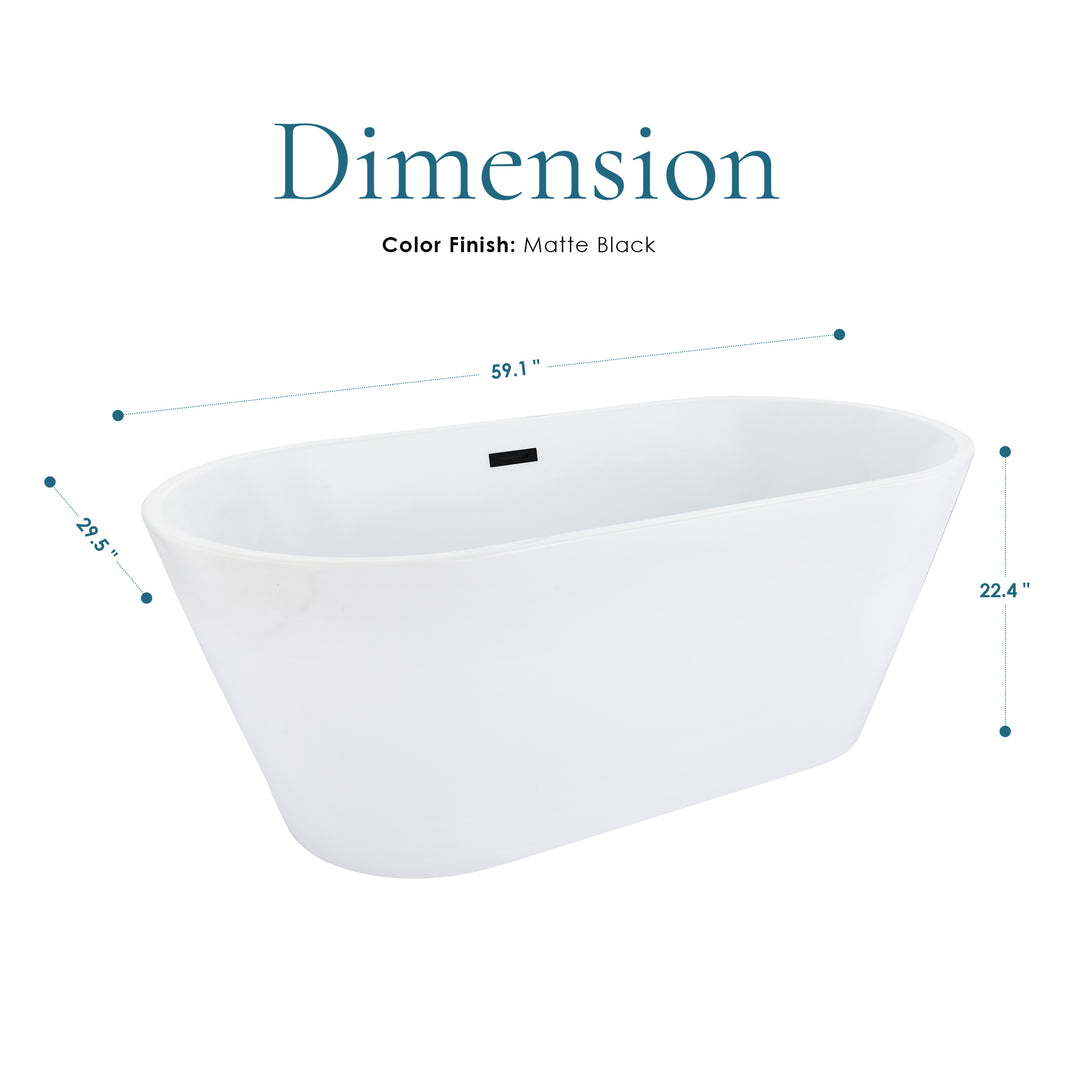 Kaprun 59" x 30" Flatbottom Freestanding Acrylic Soaking Bathtub in Glossy White with Drain and Overflow