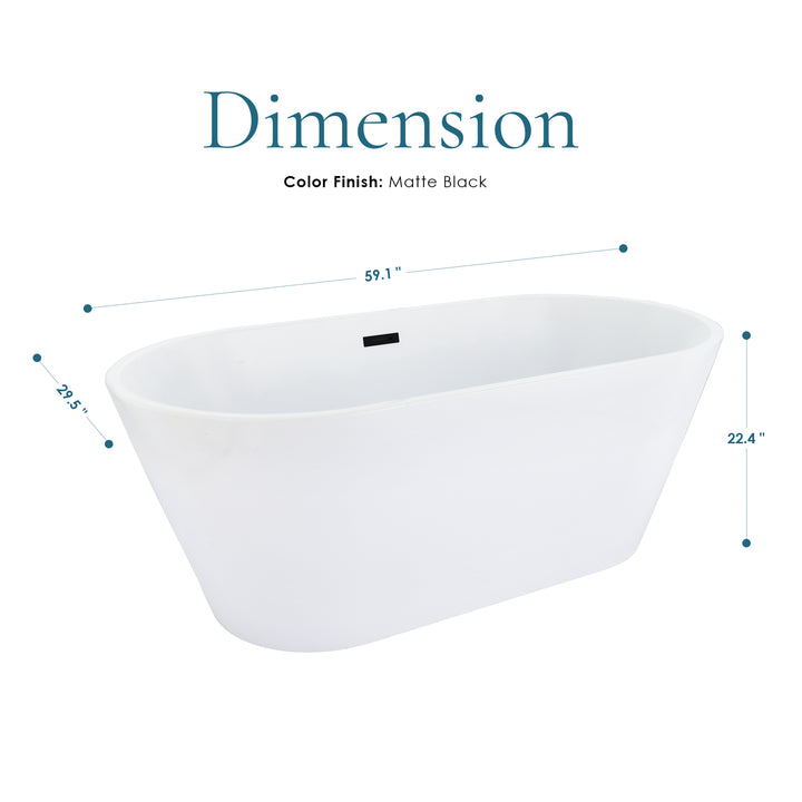 Kaprun 59" x 30" Flatbottom Freestanding Acrylic Soaking Bathtub in Glossy White with Drain and Overflow