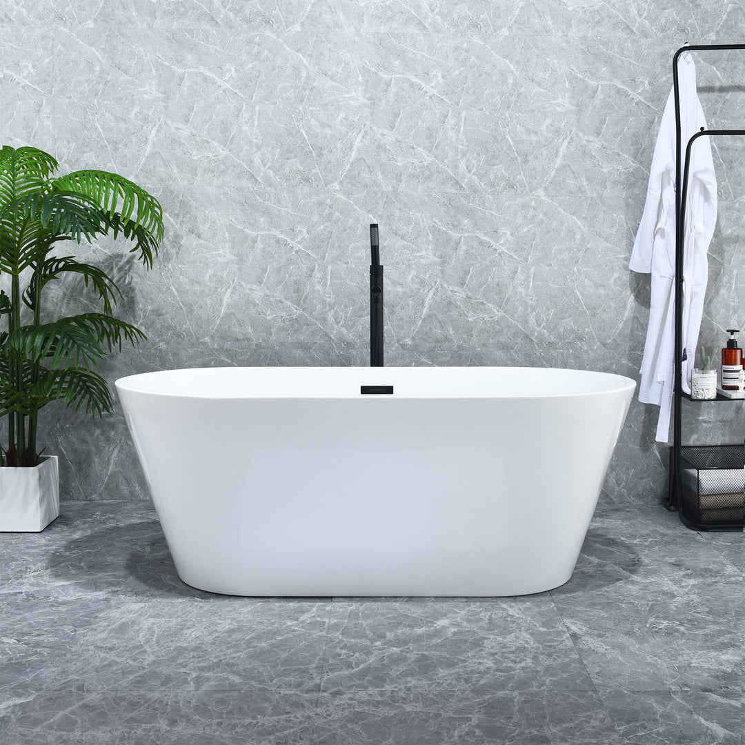 Kaprun 59" x 30" Flatbottom Freestanding Acrylic Soaking Bathtub in Glossy White with Drain and Overflow