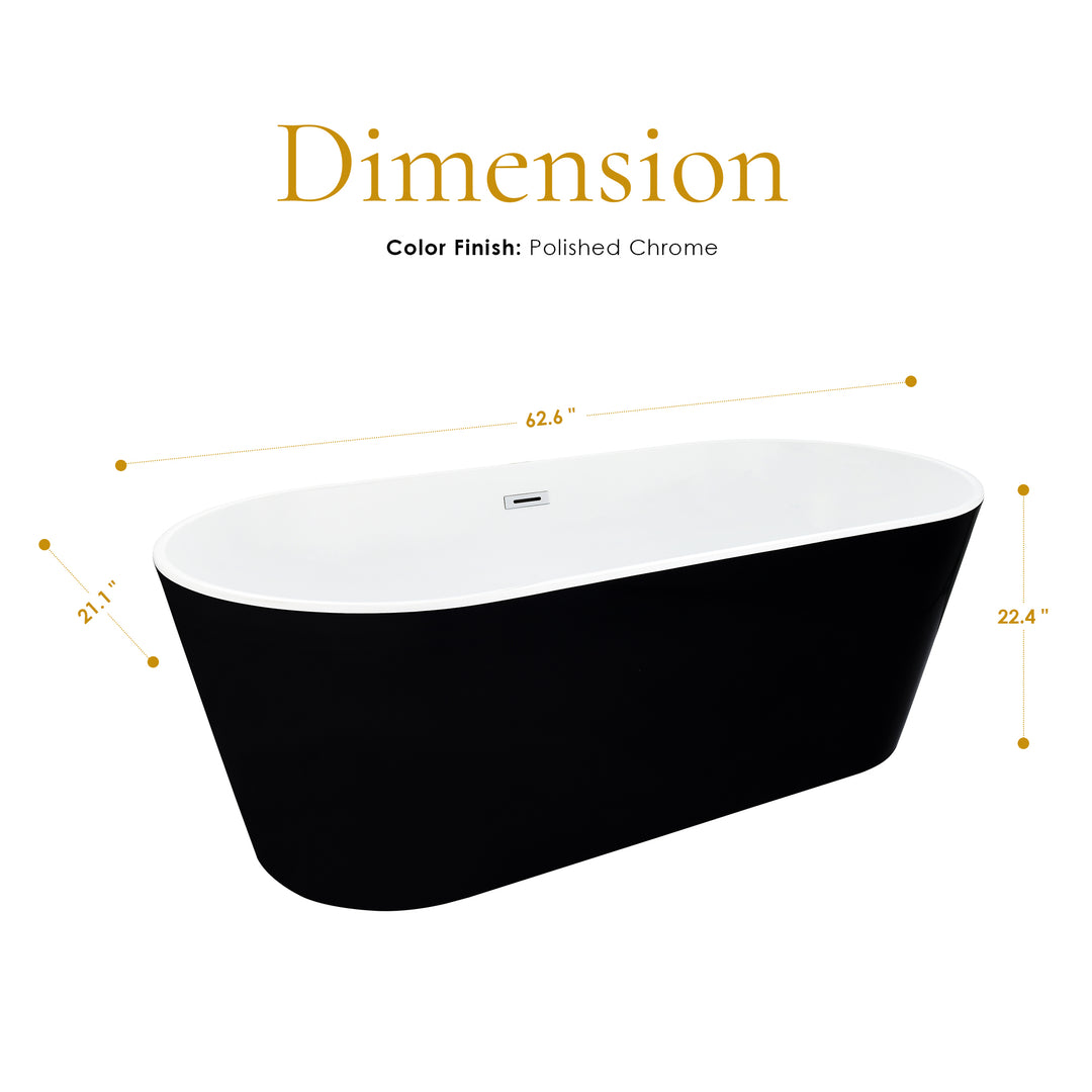 Kaprun 63" x 30" Flatbottom Freestanding Acrylic Soaking Bathtub in Glossy Black with Drain and Overflow