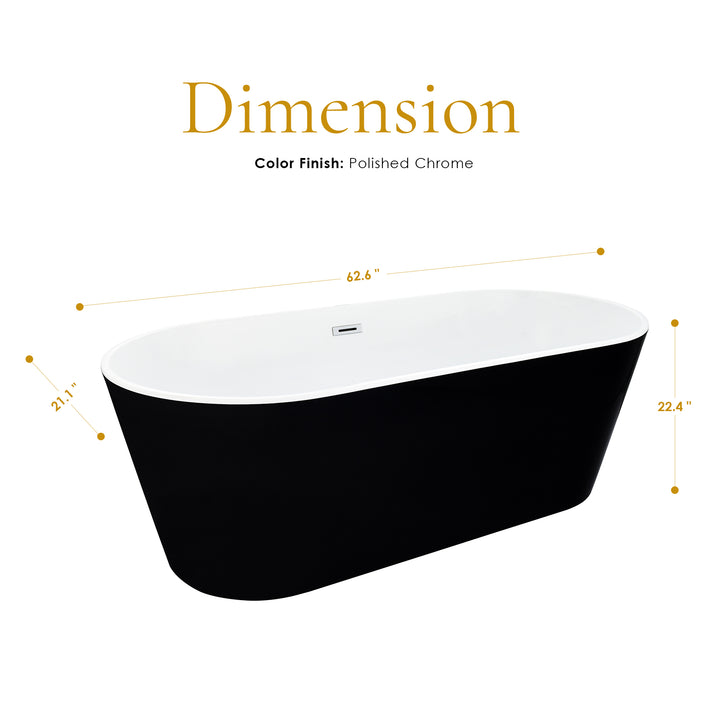 Kaprun 63" x 30" Flatbottom Freestanding Acrylic Soaking Bathtub in Glossy Black with Drain and Overflow