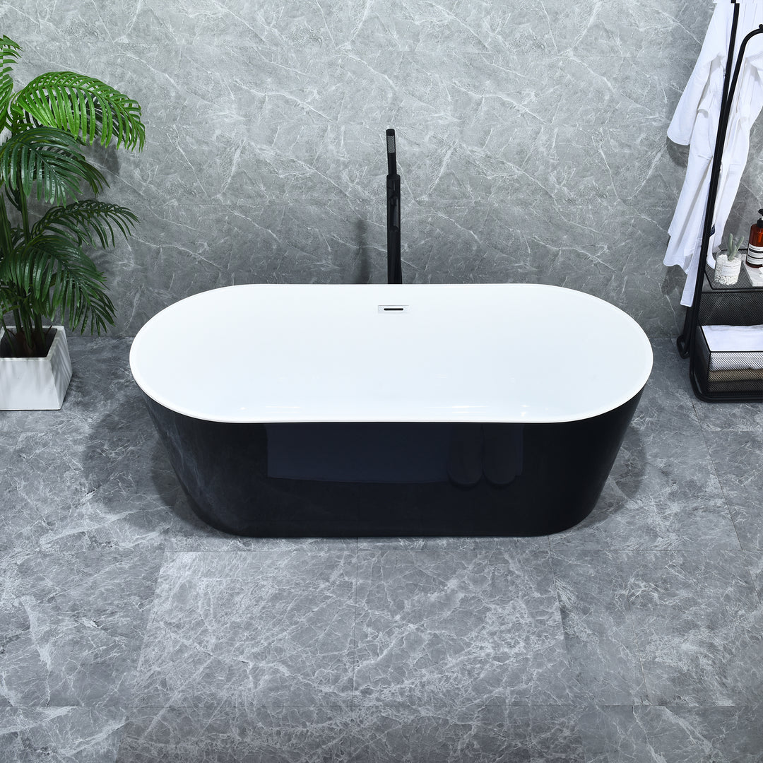 Kaprun 63" x 30" Flatbottom Freestanding Acrylic Soaking Bathtub in Glossy Black with Drain and Overflow