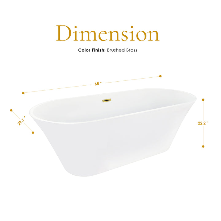 Blarn 65" x 29" Flatbottom Freestanding Acrylic Soaking Bathtub in Glossy White with Drain and Overflow