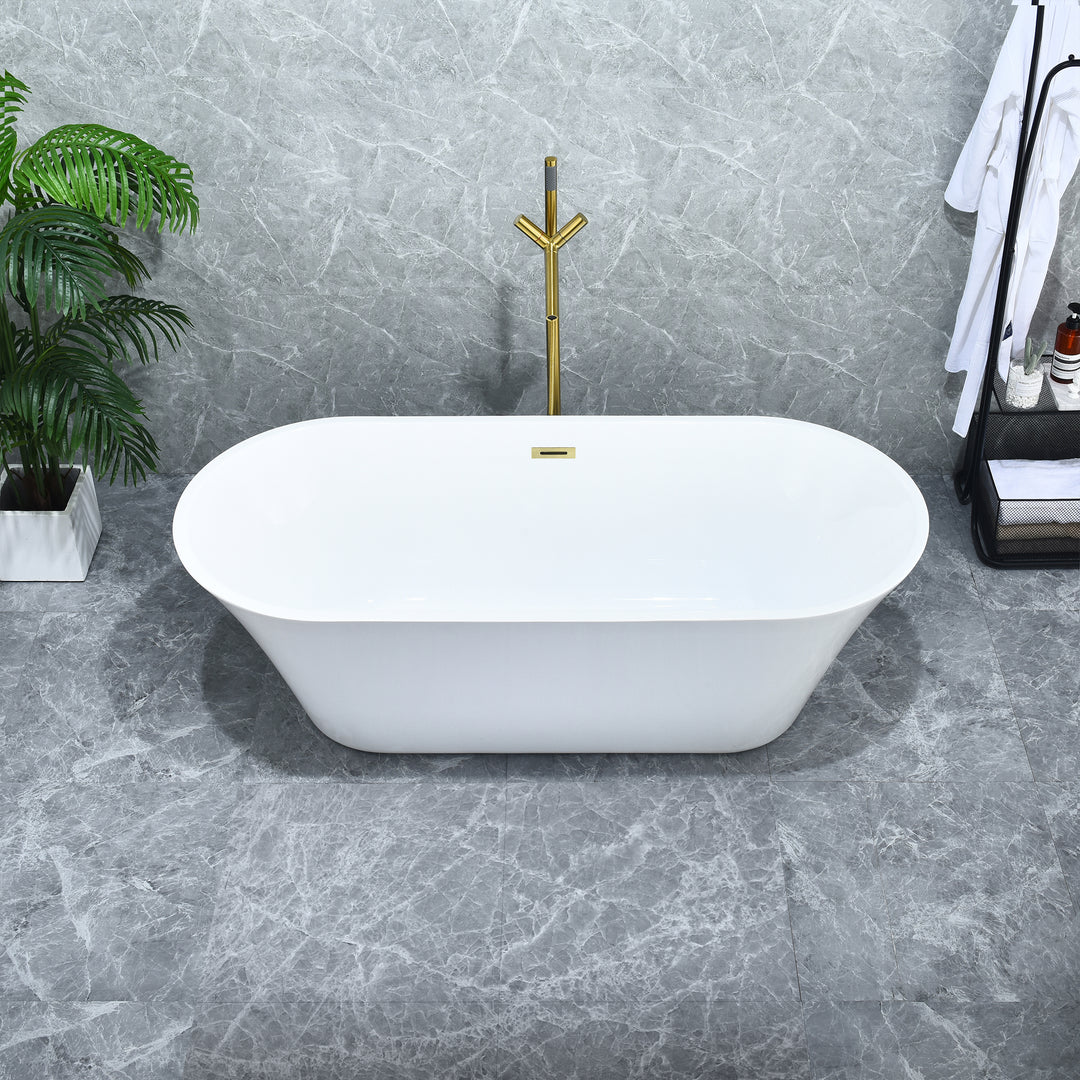 Blarn 65" x 29" Flatbottom Freestanding Acrylic Soaking Bathtub in Glossy White with Drain and Overflow