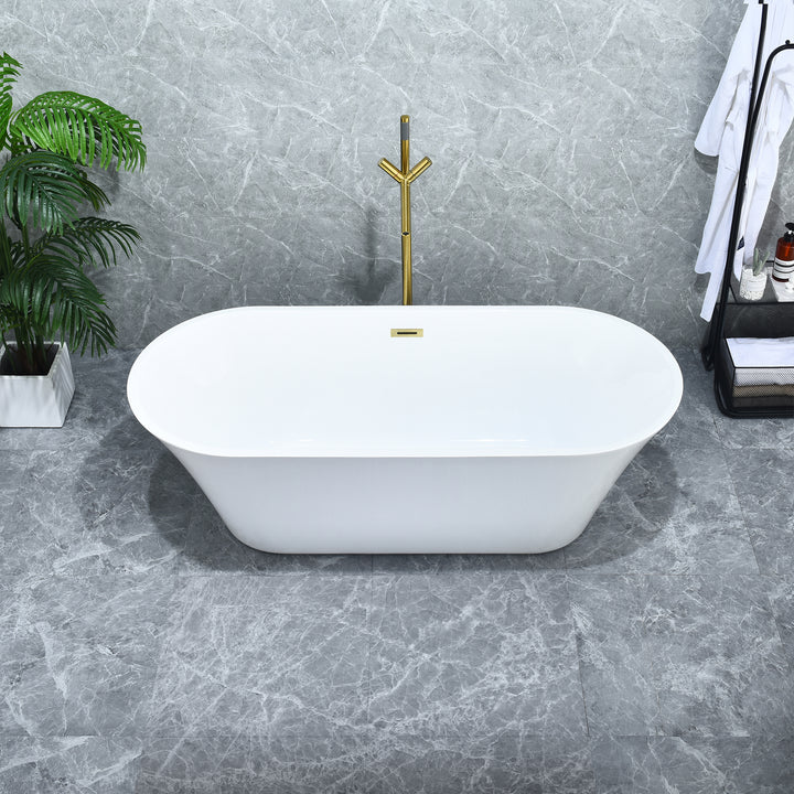 Blarn 65" x 29" Flatbottom Freestanding Acrylic Soaking Bathtub in Glossy White with Drain and Overflow
