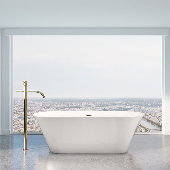 Blarn 65" x 29" Flatbottom Freestanding Acrylic Soaking Bathtub in Glossy White with Drain and Overflow