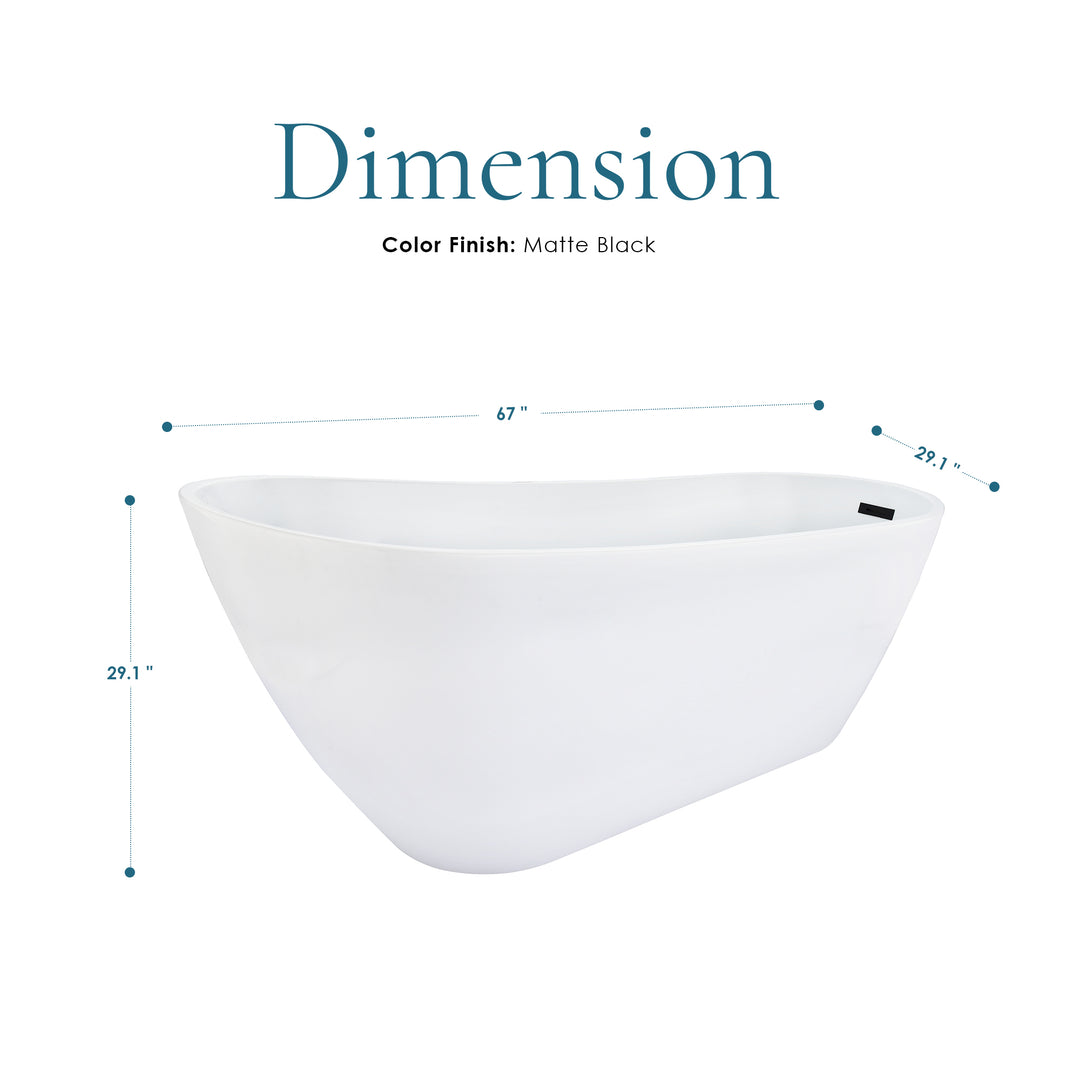 Ipure 67" x 29" Flatbottom Freestanding Acrylic Soaking Bathtub in Glossy White with Drain and Overflow