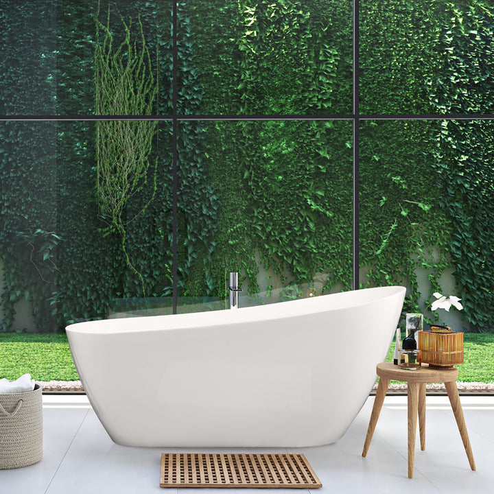 Ipure 67" x 29" Flatbottom Freestanding Acrylic Soaking Bathtub in Glossy White with Drain and Overflow