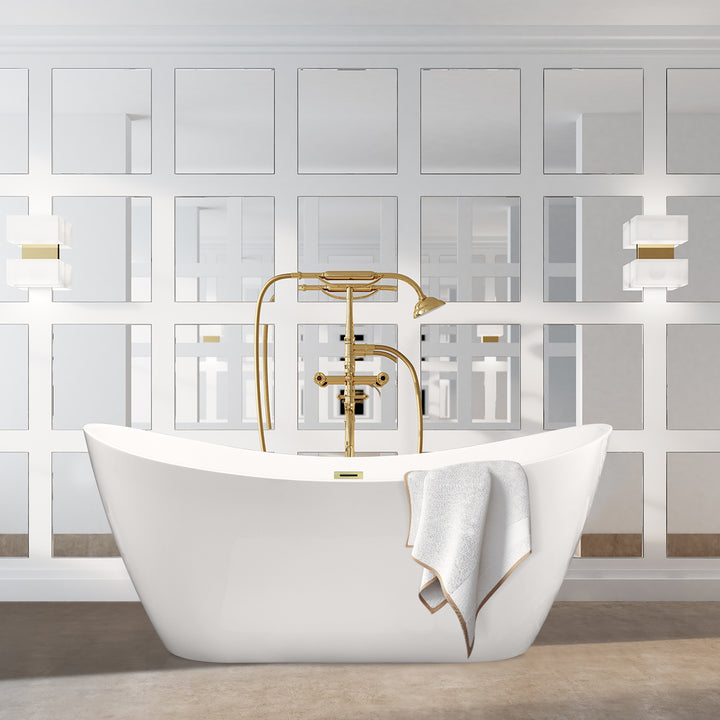 Vansza 67" x 32" Flatbottom Freestanding Acrylic Soaking Bathtub in Glossy White with Drain and Overflow