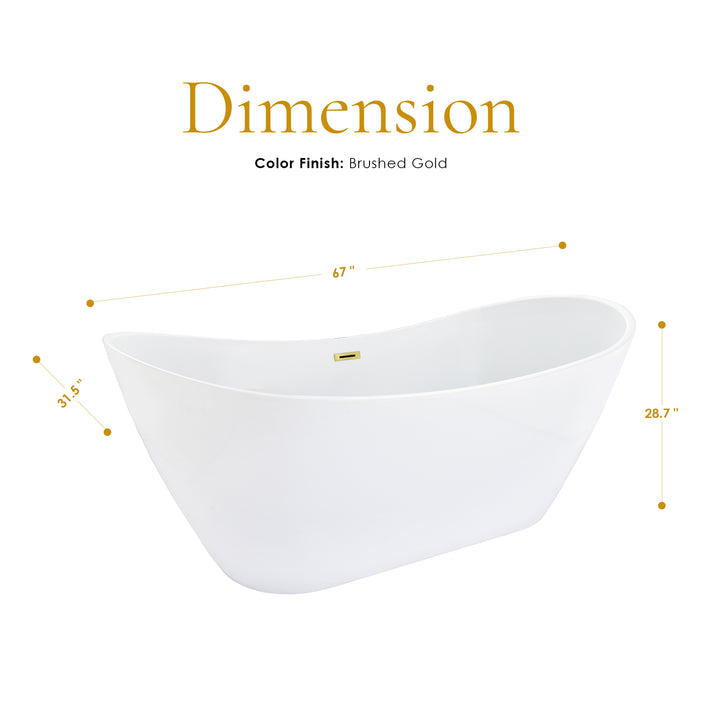 Vansza 67" x 32" Flatbottom Freestanding Acrylic Soaking Bathtub in Glossy White with Drain and Overflow