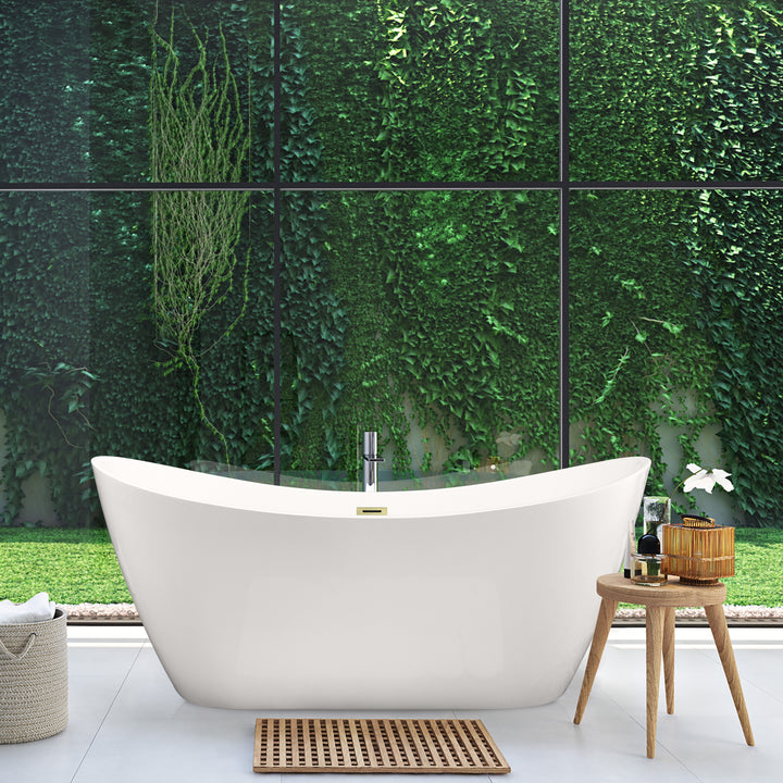 Vansza 67" x 32" Flatbottom Freestanding Acrylic Soaking Bathtub in Glossy White with Drain and Overflow