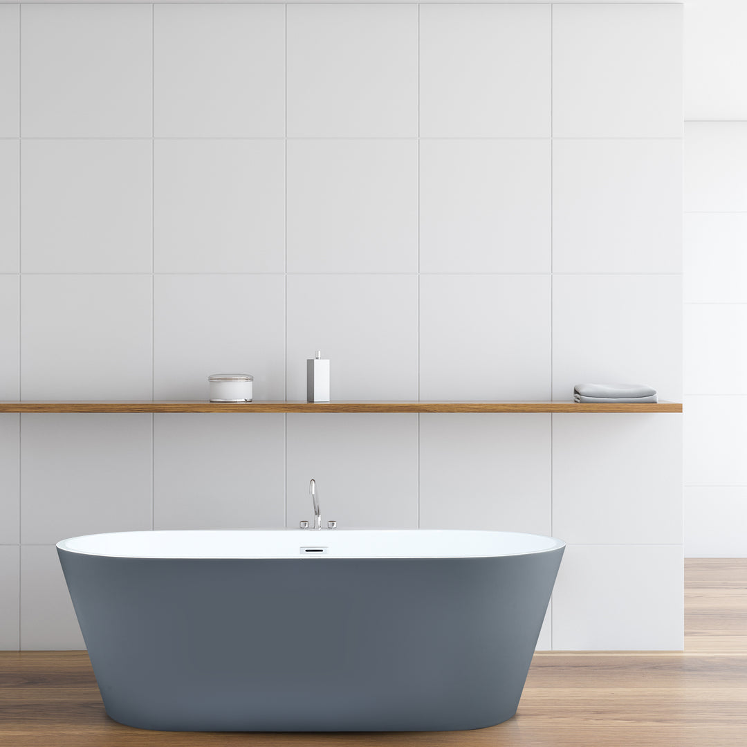 Szany 67" x 32" Flatbottom Freestanding Acrylic Soaking Bathtub in Glossy Gray with Drain and Overflow