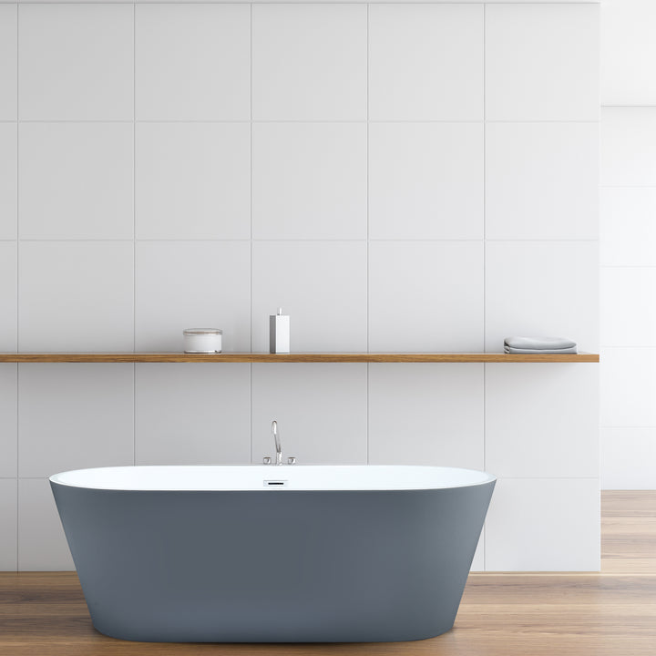 Szany 67" x 32" Flatbottom Freestanding Acrylic Soaking Bathtub in Glossy Gray with Drain and Overflow