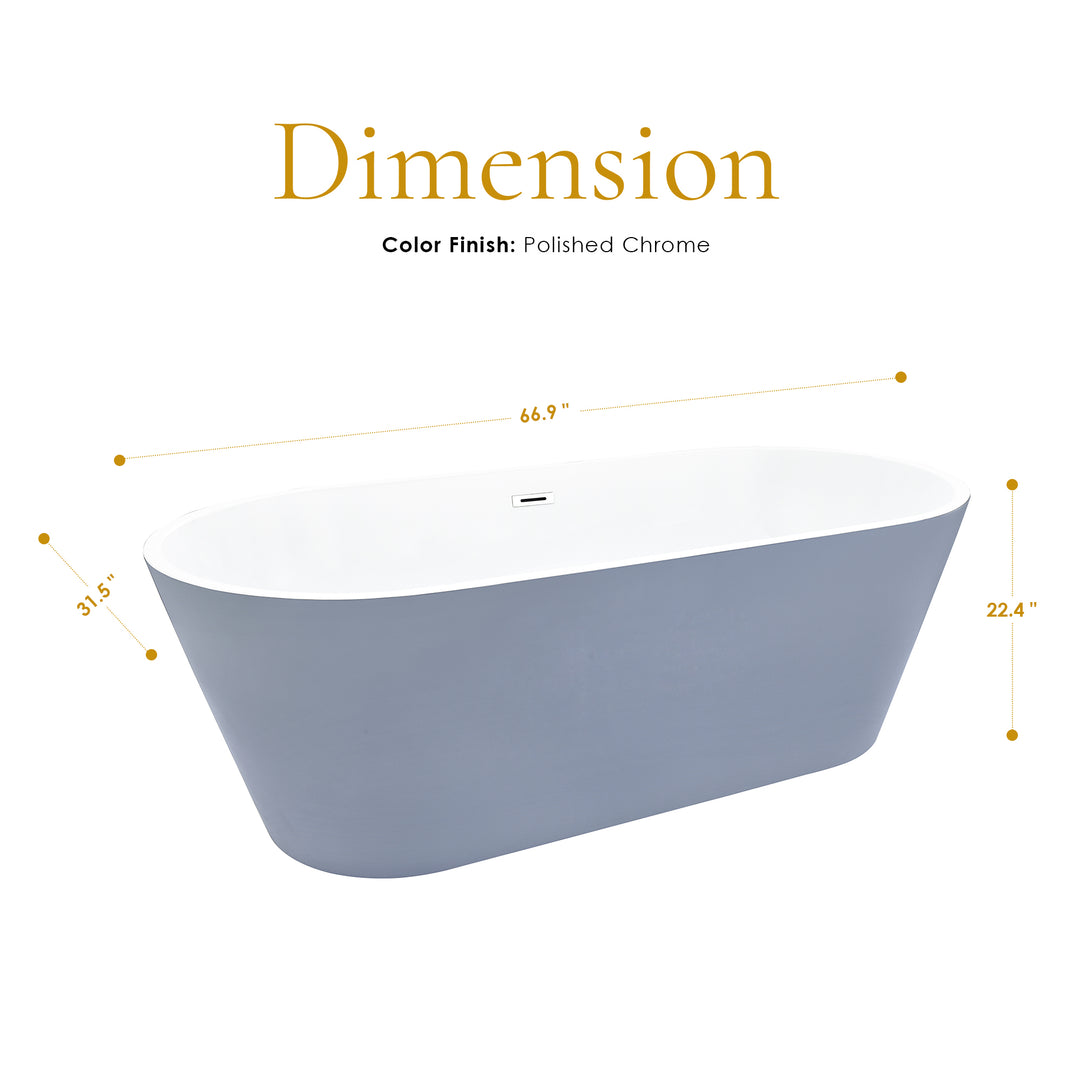 Szany 67" x 32" Flatbottom Freestanding Acrylic Soaking Bathtub in Glossy Gray with Drain and Overflow